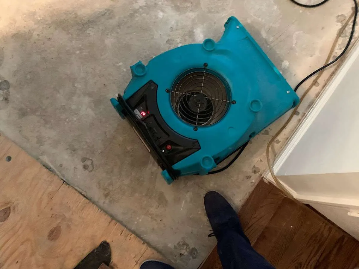 Air mover drying subfloor during Commercial Water Damage Restoration in Cicero